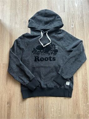 Roots Women’s Heather Charcoal Grey Hoodie with Black Velvet Logo - XS